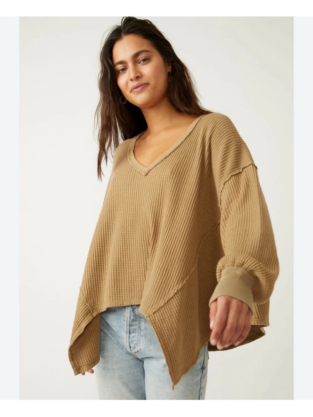 We The Free People Coraline Top Thermal Waffle Knit Oversized Medium Beige